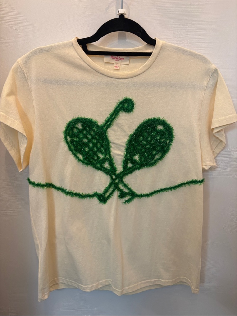 Peach Love California Cream Tee with Green Fuzzy Racket Graphic